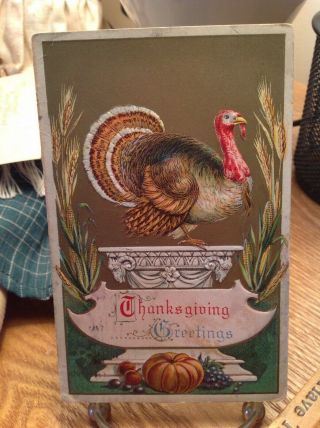 Vintage Thanksgiving Postcard Turkey Standing On White Column Next To Wheat,  Corn