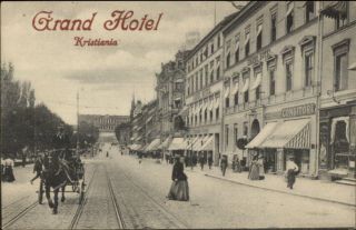 Kristiania Norge Norway Street Scene Grand Hotel Overprint C1910 Postcard
