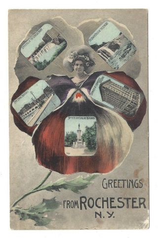 Fantasy Lady Face In Flower Greetings From Rochester Ny Postcard