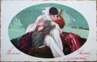 Corbella/artist - Signed 1920 Art Deco Postcard: Pierrot Clown Kissing Woman