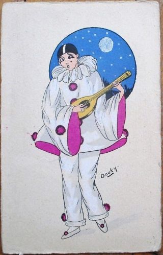Pierrot Clown/mandolin,  Silver Moon & Stars 1925 Art Deco/artist - Signed Postcard