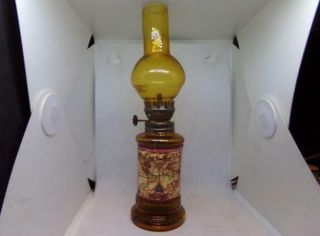 Vintage Miniature Oil Lamp With Glass Chimney,  Detailed W/world Map Design 1