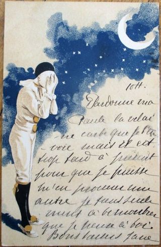 Pierrot Clown,  Man - In - The - Moon & Stars 1903 Postcard - Color Litho