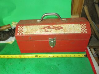 Vintage Red Metal Tool Box W/ Racecar Race Car 14 Tray Tombstone Rusty