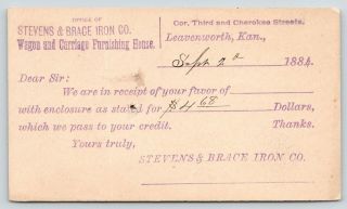 Leavenworth Kansas Stevens & Brace Iron Co Wagon & Carriage House 1884 Postal