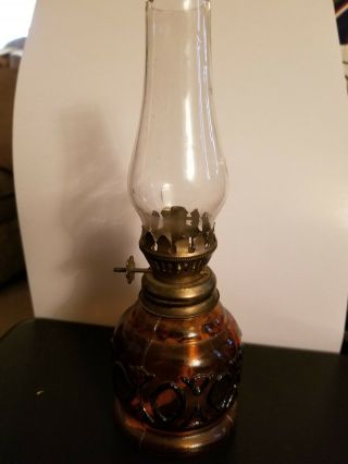 Vintage Amber Glass Hurricane Lantern Lamp 8 " In High W/ Fluted Chimney