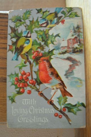 Birds On Holly Branch With Loving Christmas Greetings 1923 Postcard