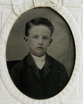 Antique Tintype Photo Portrait Of A Dapper Little Boy Looking Very Sad