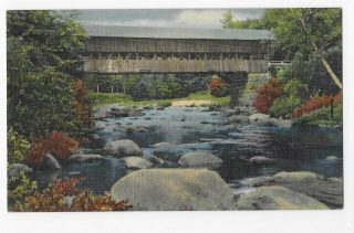Vintage Linen Postcard Of Old Covered Bridge In The White Mountains,  Jackson,  Nh