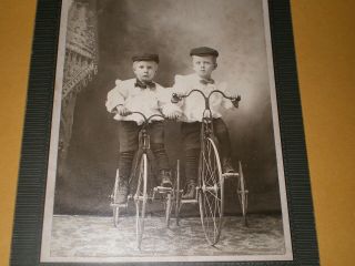 Old Cabinet Card Photograph Young Boys On Tricycles J.  I.  Nordlund Wakefield Mich