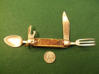 Old Vtg " Colonial " Camping Boy Scouts Pocket Knife,  Large Fork & Spoon