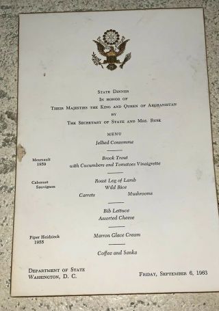 State Department Dinner Menu Honoring King Queen Afghanistan 1963