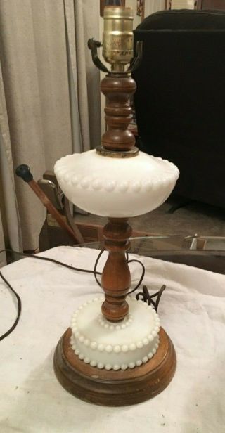 Vintage Hobnail Milk Glass & Turned Wood Table Lamp Art Deco