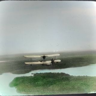 Vtg Magic Lantern Glass Slide Photo Old Biplane Prospecting Over Ontario Canada