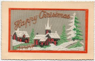 Ww2: Happy Christmas: Village Scene: Embroidered Silk Postcard