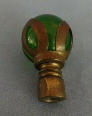 Vintage Green Glass & Brass Lamp Finial 1 3/4 " Tall With Brass Petals