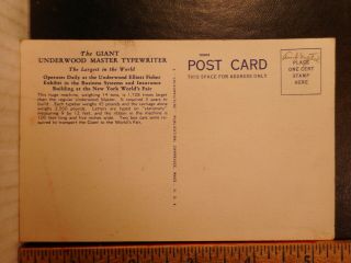 1939 - 40 York World ' s Fair 14 Ton Underwood Typewriter Postcard 611TB. 2