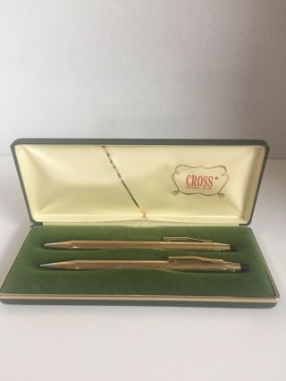 Cross 10k Gold Filled Pen Pencil Set 1/20,  Green Hard Plastic Case Made In Usa