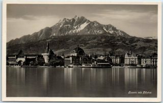 Vintage Lucerne Switzerland Rppc Photo Postcard City Waterfront W/ Pilatus Mtn