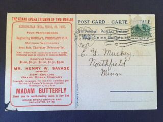 Antique Postcard Madam Butterfly Opera House St.  Paul MN Advertising 1907 2