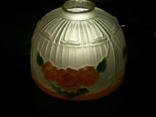 Antique Vintage Frosted Dome Reverse Hand Painted Green Orange Glass Light Shade 2