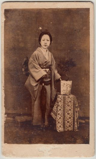 Antique Cdv Photo / Young Woman In Kimono / Japanese / Dated 1889