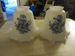 Vintage Globe Ceiling Fan Shade White Blue Flowers Floral Glass Ruffle Set Of 2