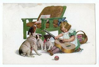 A/s F.  J.  Cute Girl Playing With Puppies Dogs Puppy Guitar Singing 1920 A3085
