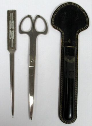 Vintage Germany Scissors & Letter Opener Desk Set Leather Case