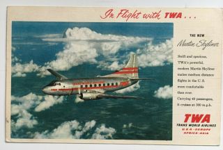 Vintage 1950s Postcard Twa Trans World Airlines Martin Skyliner Airplane Linen