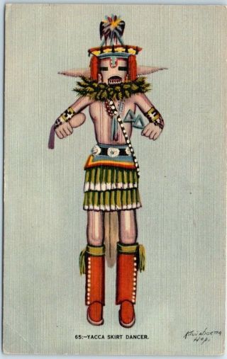 Vintage Hopi Indian Postcard Artist - Signed Doll " Yacca Skirt Dancer " Linen 1941