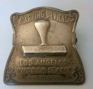 Antique Brass Advertising Metal Paper Clip,  Los Angeles Marking Devices Stamp Co