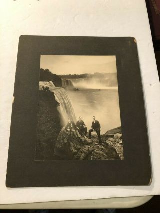 1880 - 1900 Large Folio Photograph 3 Men On Rocks At Niagara Falls Ny Others Above