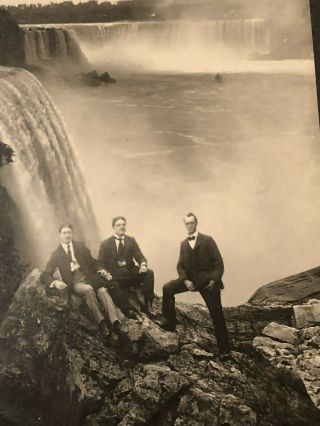1880 - 1900 Large Folio Photograph 3 Men on Rocks at Niagara Falls NY Others Above 2