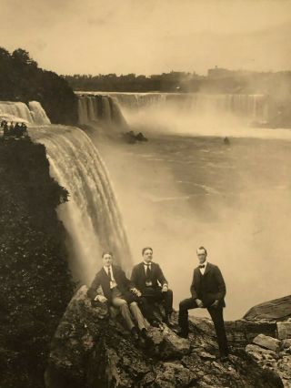 1880 - 1900 Large Folio Photograph 3 Men on Rocks at Niagara Falls NY Others Above 4