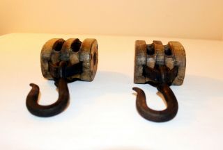 Antique small maritime ship ' s store pulley.  block & tackle,  2 wood & cast iron 2