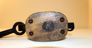 Antique small maritime ship ' s store pulley.  block & tackle,  2 wood & cast iron 4