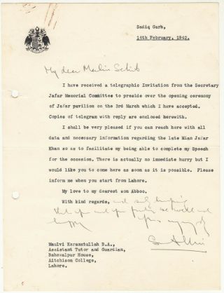 1942 Signed Letter From Nawab Of Bahawalpur To His Tutor With Nawab Autograph
