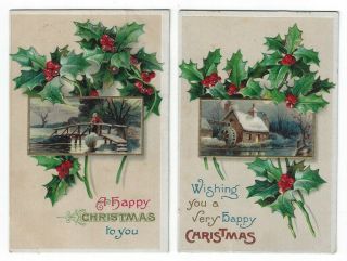 (2) Christmas Greetings Post Cards,  A Wooden Bridge,  Old Mill In Winter,  1911