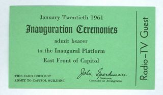 Vintage 1961 President John F.  Kennedy Inauguration Admittance Card Radio - Tv