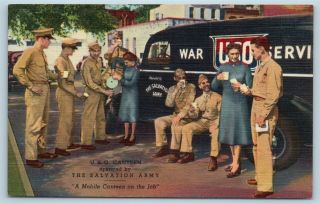 Postcard Uso Mobile Canteen The Salvation Army Soldiers Ww2 Wwii Era Linen T7