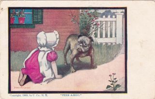 Artist Dorothy Dixon,  Bonnet Girl & Bulldog,  " Peek - A - Boo ",  1908