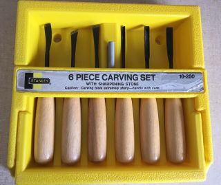 Vintage Stanley 6 Piece Wood Carving Set No.  16 - 250 With Sharpening Stone