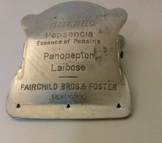 Antique Aluminum Advertising Metal Paper Clip,  Fairchild Ny Pepsine Medicine