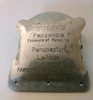 Antique Aluminum Advertising Metal Paper Clip,  Fairchild NY Pepsine Medicine 2
