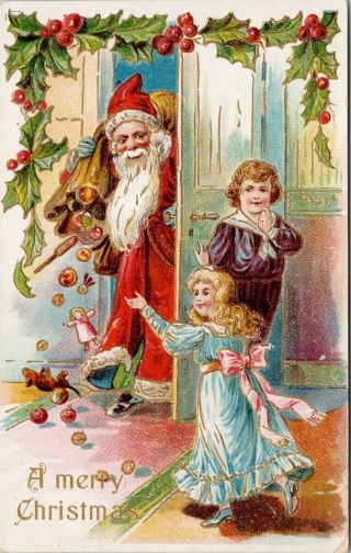 Santa Claus A Merry Christmas Children Toys 717 Embossed Postcard E63
