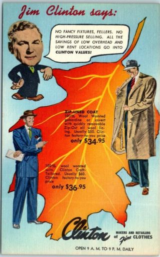 1940s Linen Advertising Postcard Clinton Men 