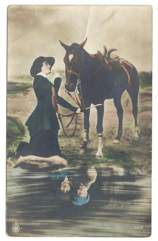 1916 Roseto Pa Woman Love Horse Reflection Man Water Comic Fantasy Tint Postcard