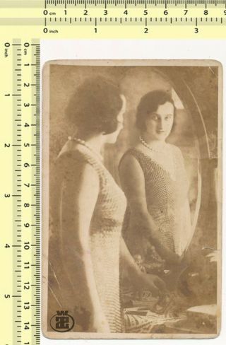017 1930s Woman Looking Herself At Mirror,  Abstract Reflection Old Photo Orig.