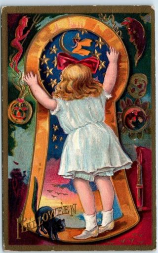Vintage 1911 Halloween Postcard Girl & Witch On Broom Nash Keyhole Series No.  3